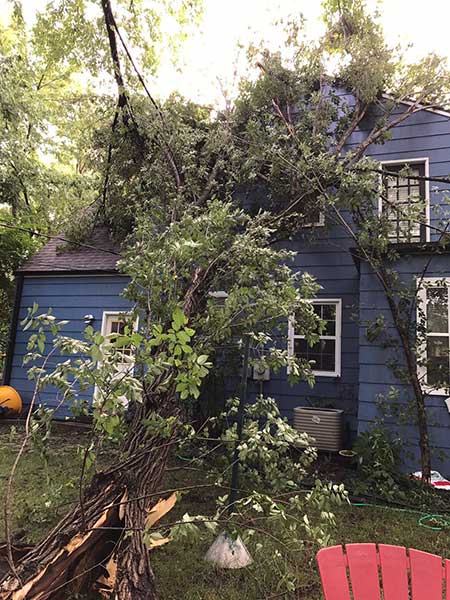 A fallen tree limb landed on power and utility lines on the back of this Prairie Village home. Photo courtesy reader Melissa Dailey.