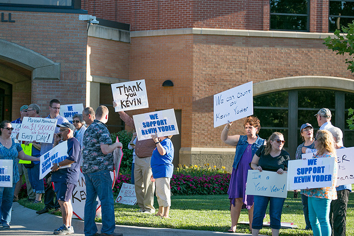Supporters of Kevin Yoder lined the sidewalks outside Olathe City Hall Tuesday.