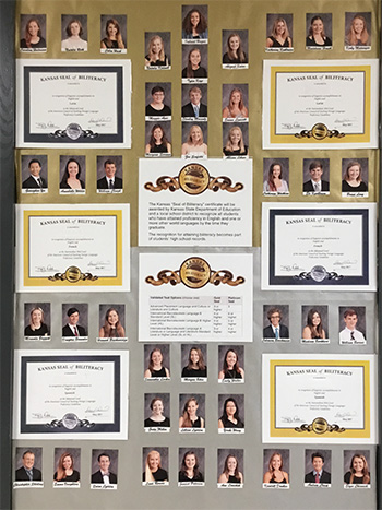 A display acknowledging the SM East students who qualified for the Kansas biliteracy seals.