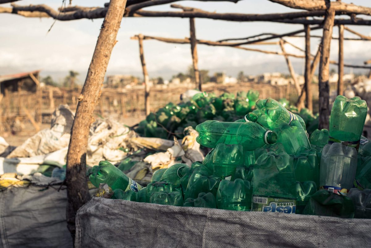 Plastic bottles stacked in wood bins