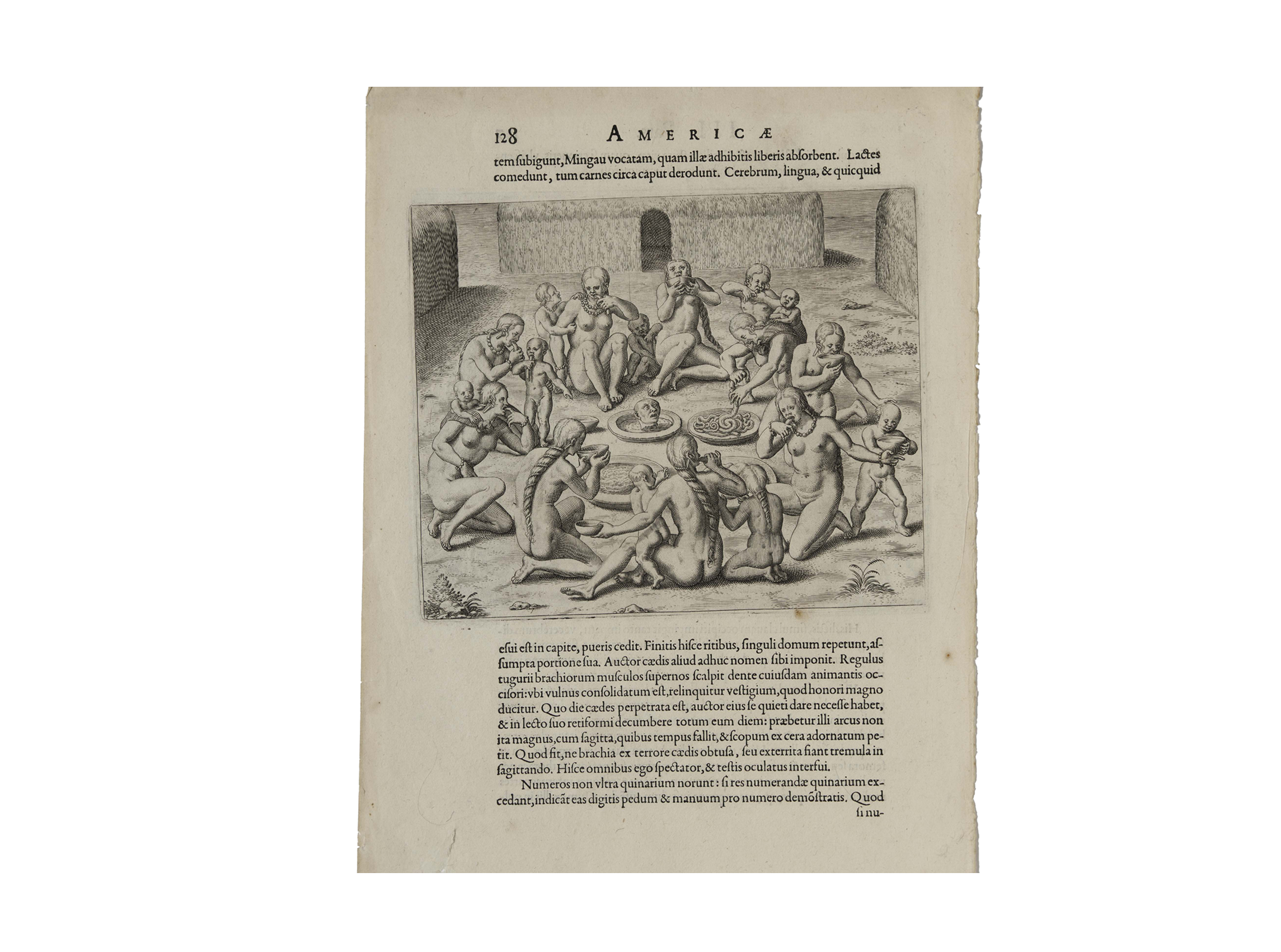 Gravura retratando as práticas de canibalismo Quod hit, ne brachia no Brasil. Obras com esse tema ilustram o livro umero demoltratit de De Bry, impresso na Alemanha em 1596