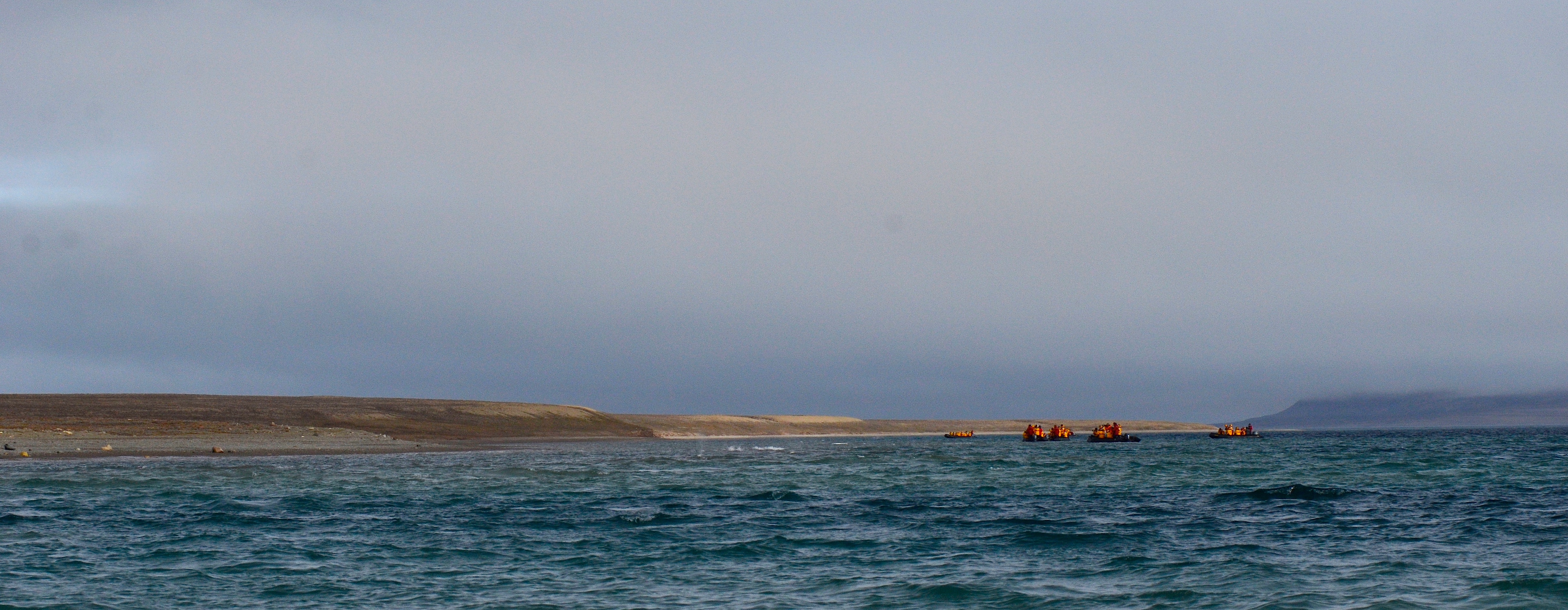 Arctic expedition passengers enjoy an afternoon Zodiac cruise, in search of whales.