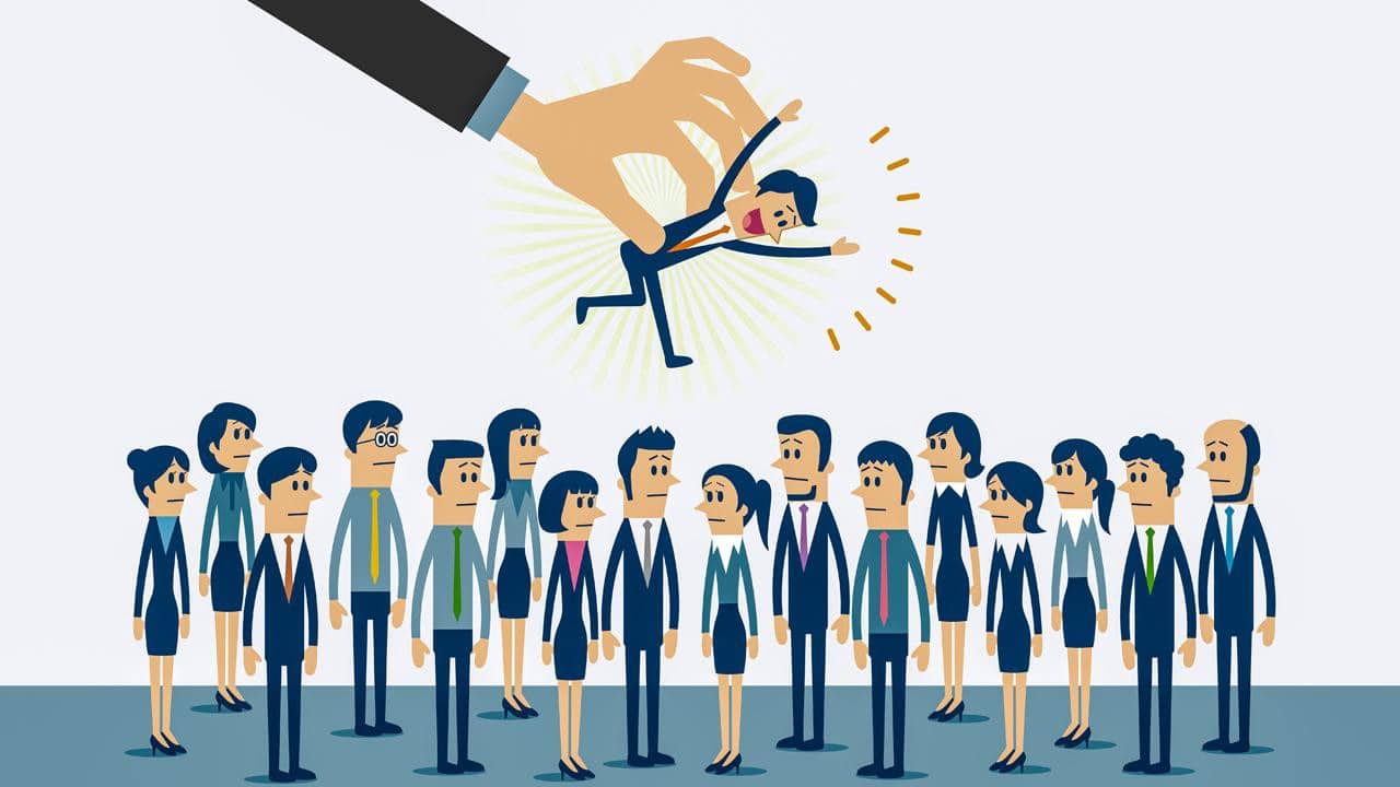 Graphic of a business person being picked from a pool of people