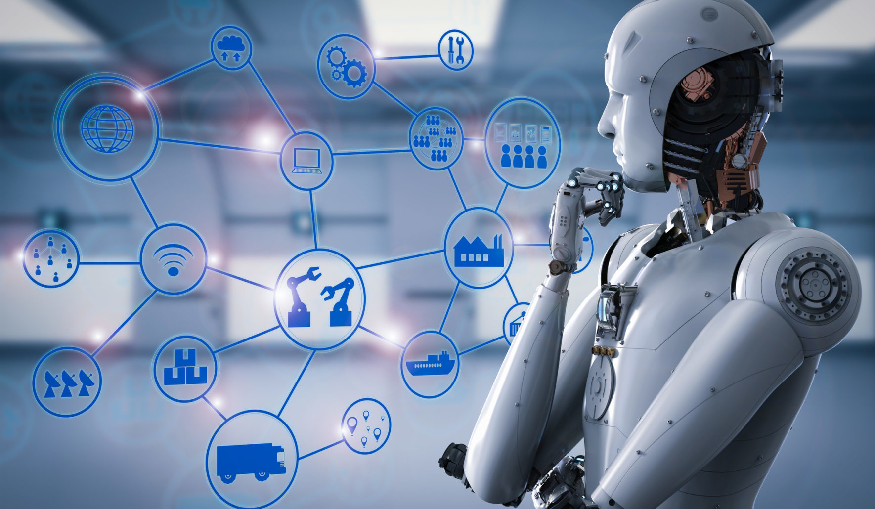 A robot looks at charts explaining how to implement automation