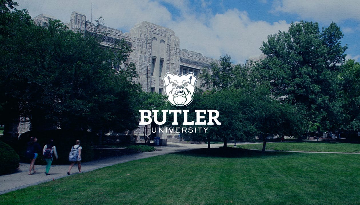 Butler University logo overlaid on an image of the campus