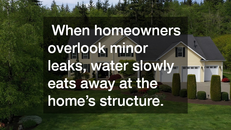  When homeowners overlook minor leaks, water slowly eats away at the home’s structure.