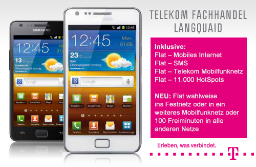 Samsung Galaxy S2 mit Special Complete Mobil Vertrag - Flatrates f�r mobiles Internet, SMS und ins T-Mobile Netz inklusive