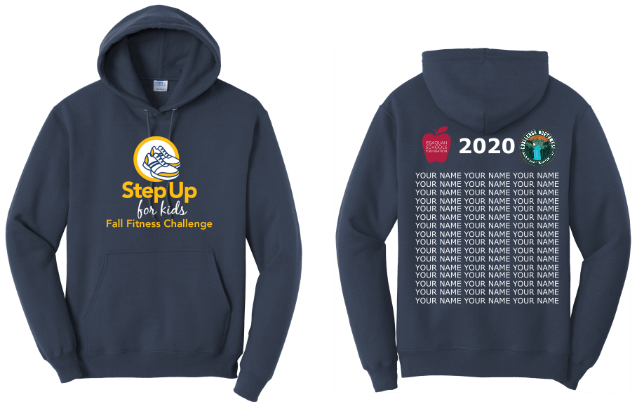 Step Up for Kids Virtual Fitness Challenge 2020 Shirt Design - Front side of shirt with Step Up for Kids Logo and Back with list of participant names