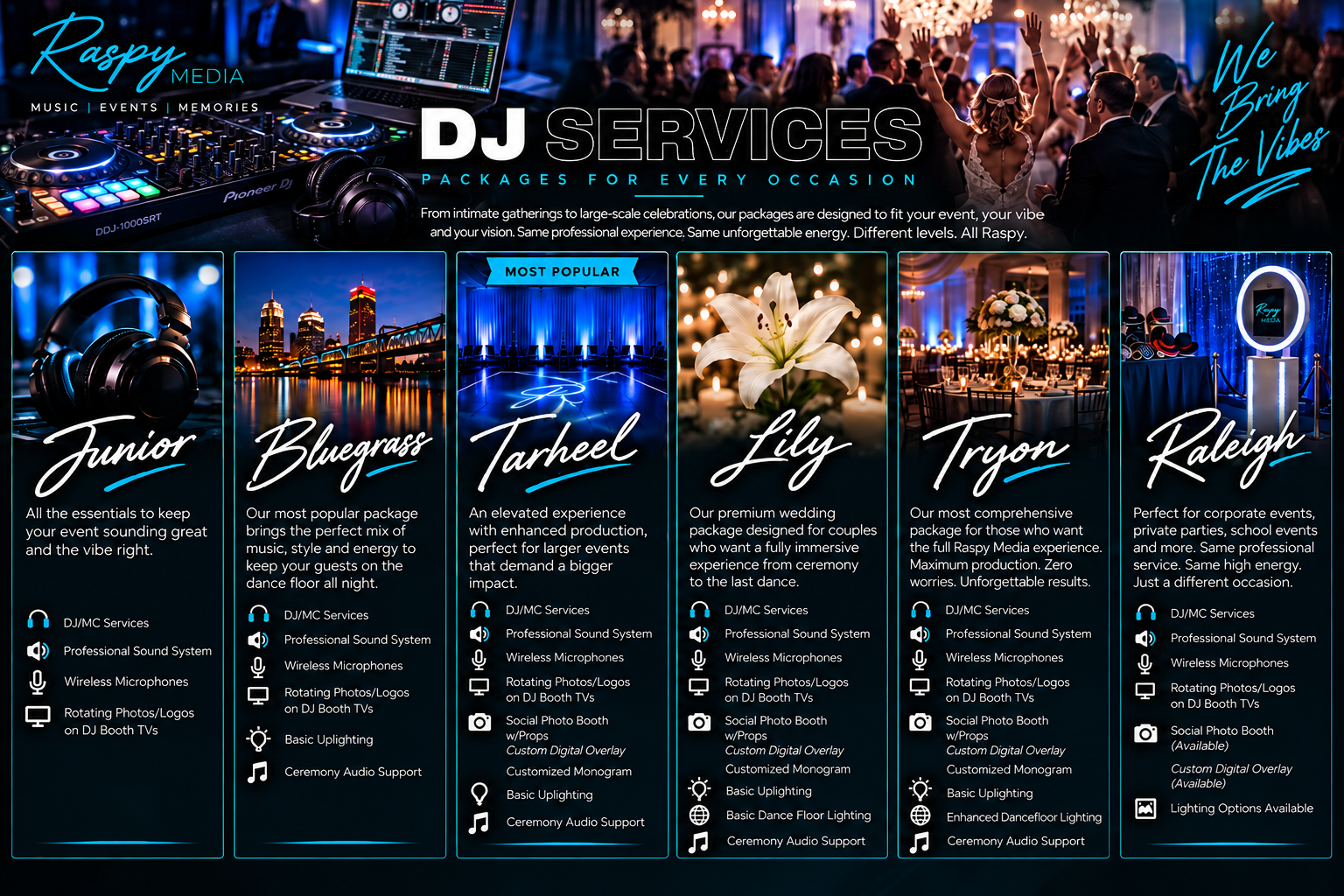 Raspy Media DJ service packages for weddings, corporate events, proms and private parties
