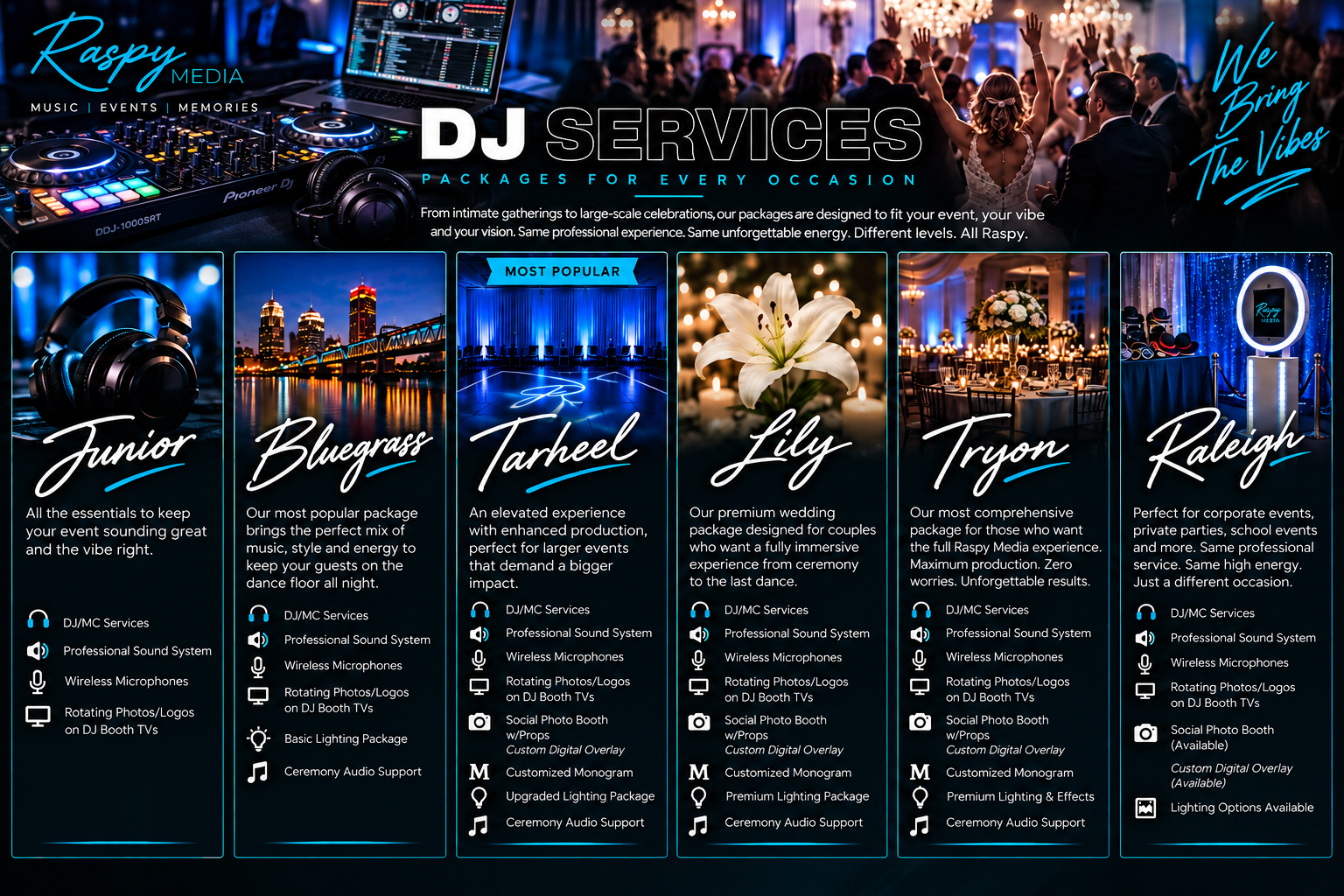 Raspy Media DJ service packages for weddings, corporate events, proms and private parties