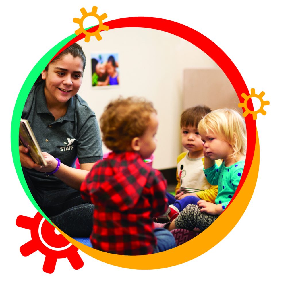 Staff at YMCA Child Development Academy child care read books to infants, toddlers and children