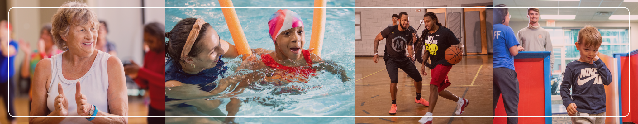 YMCA members in group exercise class, swim lessons, basketball gym and child care Play and Learn.