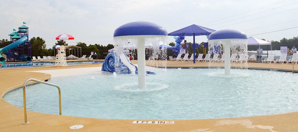 Image features two mushroom-shaped sprinklers in small pool with water slides in background.