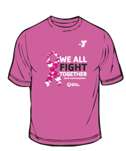 Image shows a shirt design with pink background and breast cancer awareness ribbon filled with butterfly icons. Text says "We All Fight Together. Breast Cancer Awareness."