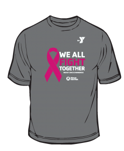 Image shows a shirt design with gray background and pink breast cancer awareness ribbon. Text says "We All Fight Together. Breast Cancer Awareness."