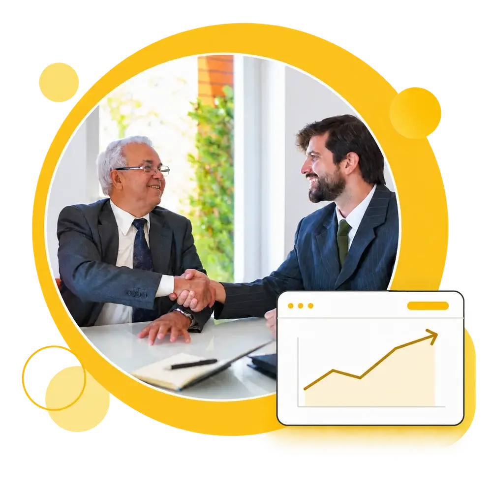 Two businesspeople shaking hands, framed in gold with a growth chart.