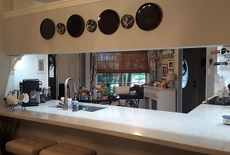 Pecan Grove Dining room view into kitchen with level countertop