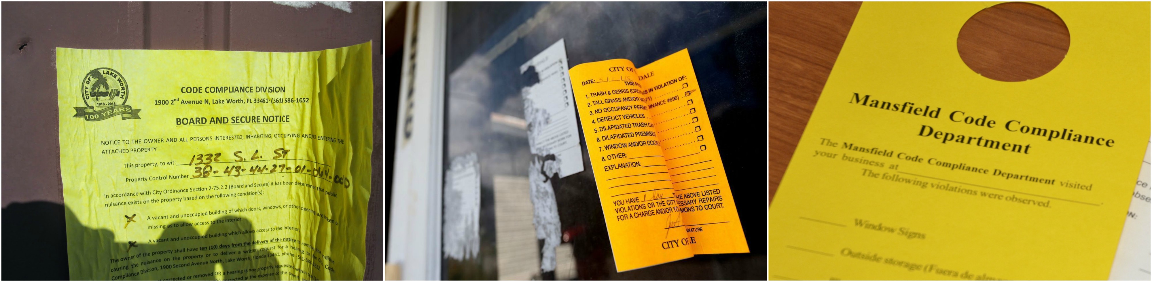 Code Violation Sticker Examples, you will see these types of stickers/papers posted on doors & windows. Look for words like Violation to confirm.
