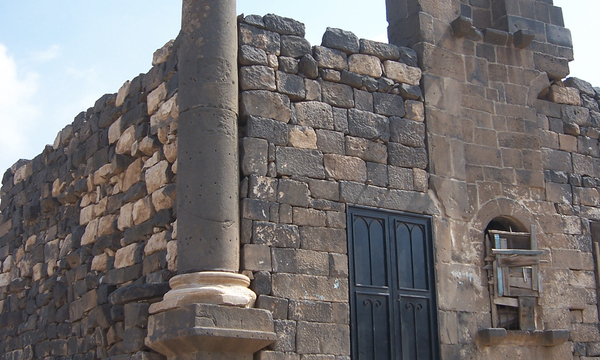 Roman ruins and column at bosra  syria
