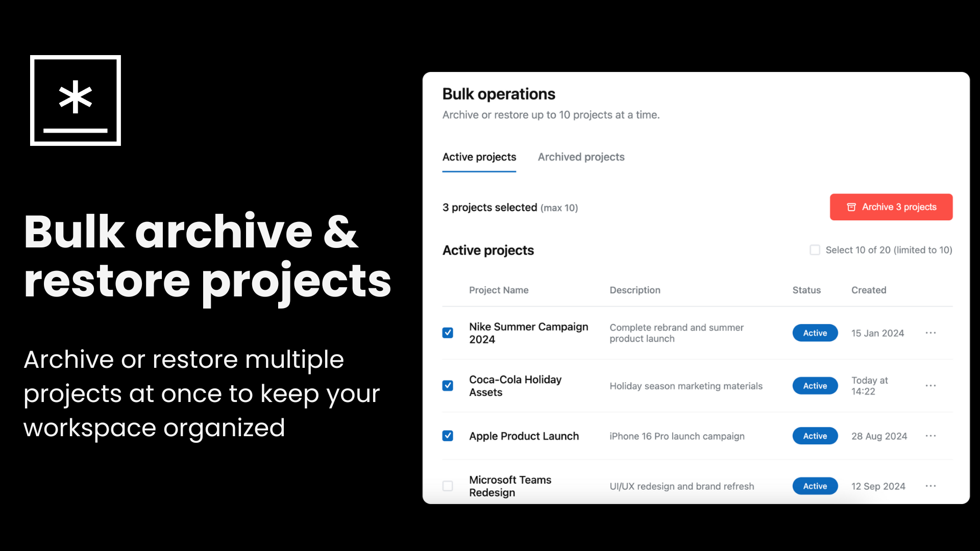 Bulk archive & restore projects | GoVisually Release Notes