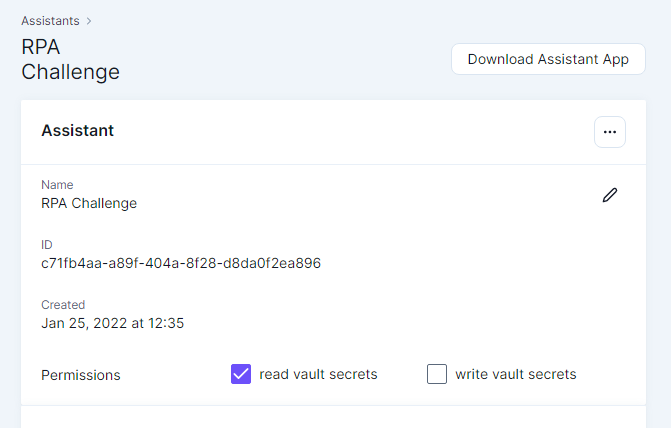 Assistant detail panel with checkboxes to grant read and write vault secrets permissions