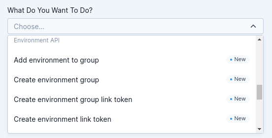 Dropdown menu listing new Environment API endpoints like add/create environment group and link token