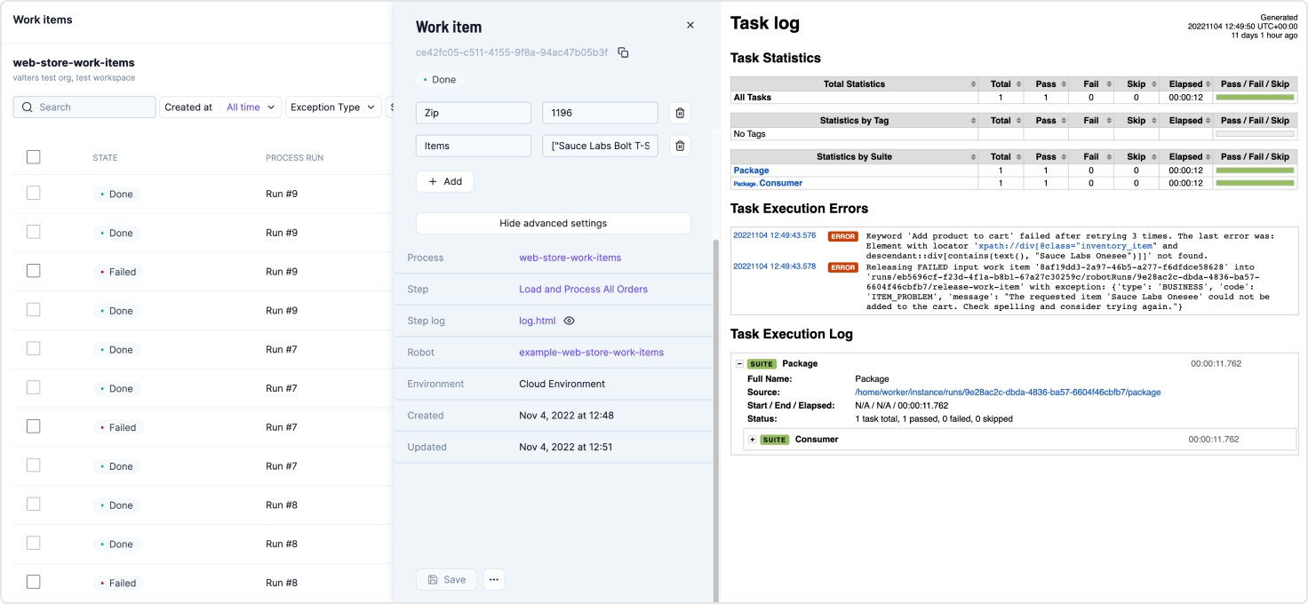Work Data Explorer showing work items list, an item's detail panel, and its task log side by side