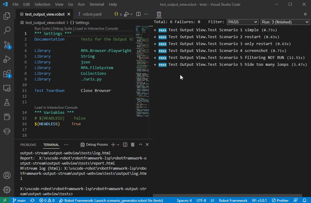 VS Code Robot Framework Output view listing test scenario results with PASS status while a robot runs