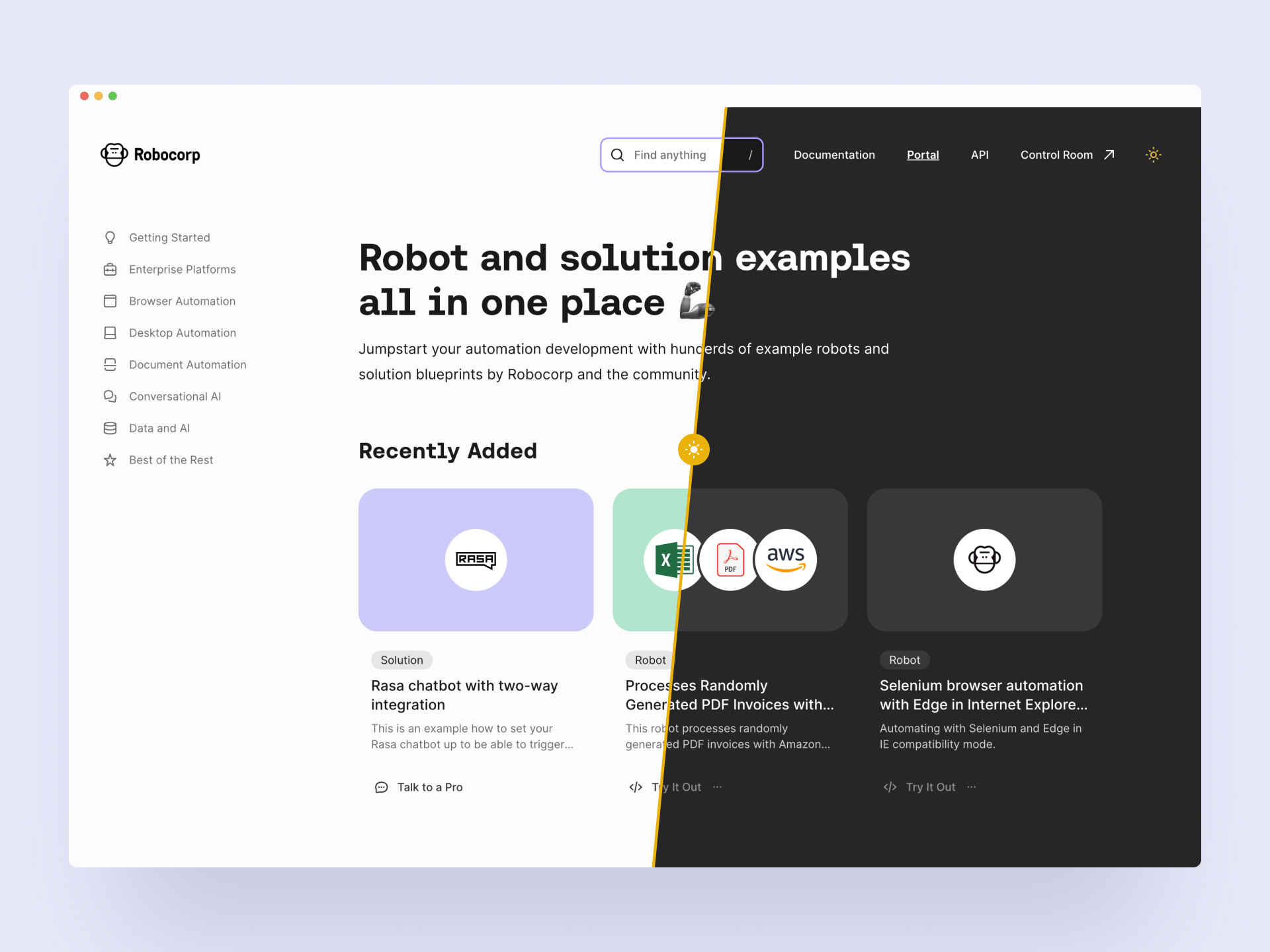 Robocorp Portal homepage split to compare light mode and dark mode side by side