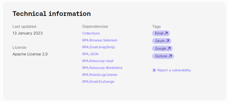 Robot page technical information panel listing last updated date, license, dependencies, and tags