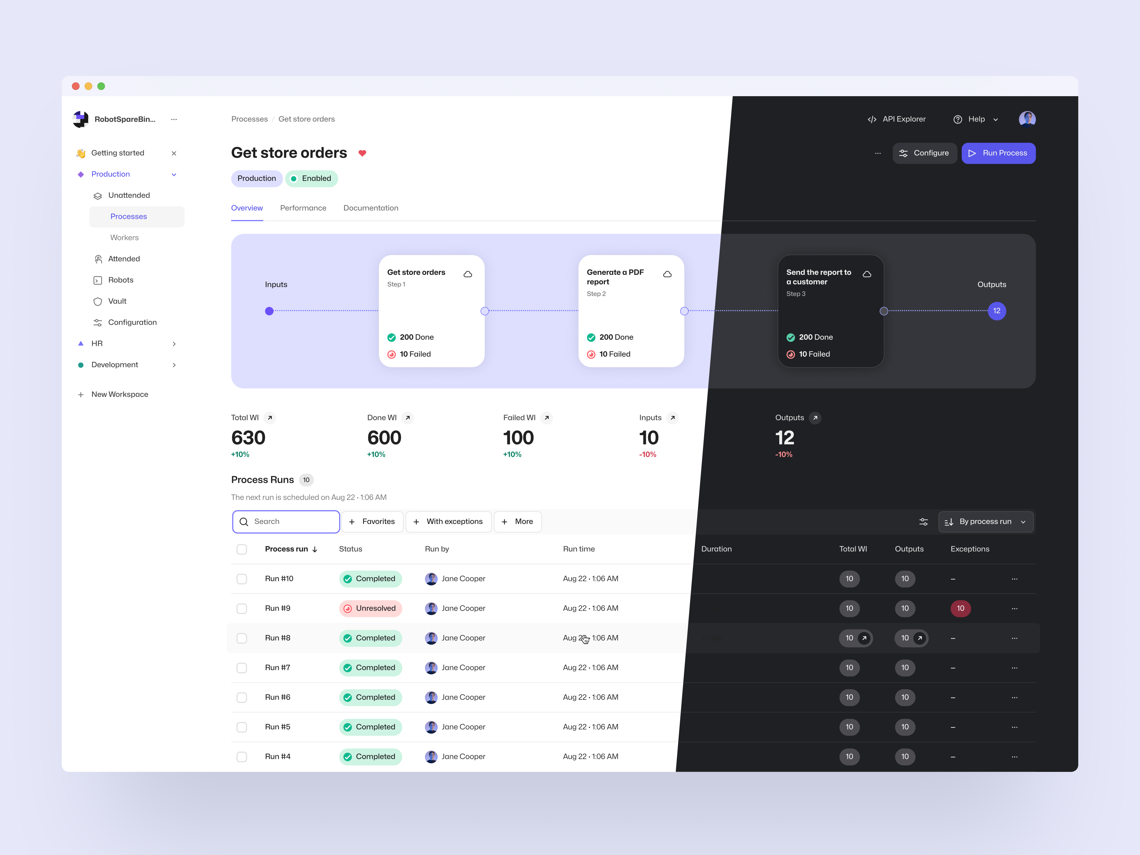 Control Room process page showing a step flow diagram, work item counts, and a run history table in light and dark themes