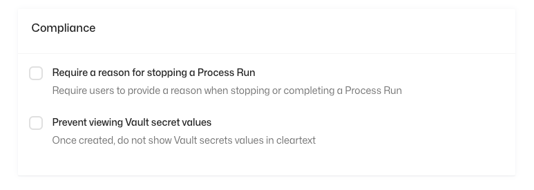 Compliance settings panel with checkboxes for requiring a stop reason and preventing Vault secret value visibility