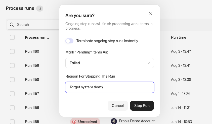 Stop Run confirmation dialog with a new required text field for entering a reason for stopping the run