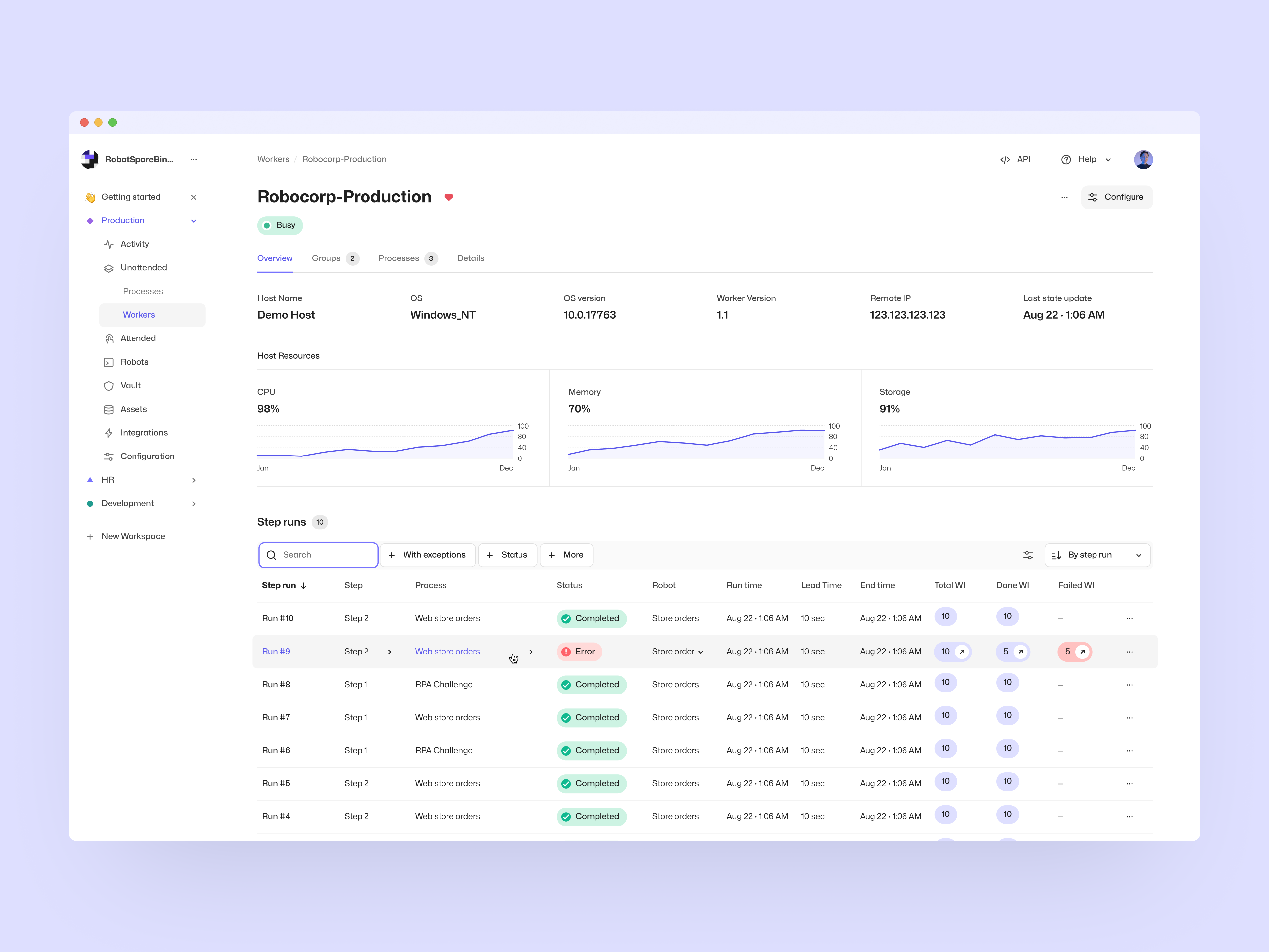 Worker overview page showing host details, CPU/memory/storage usage graphs, and a table of step run results
