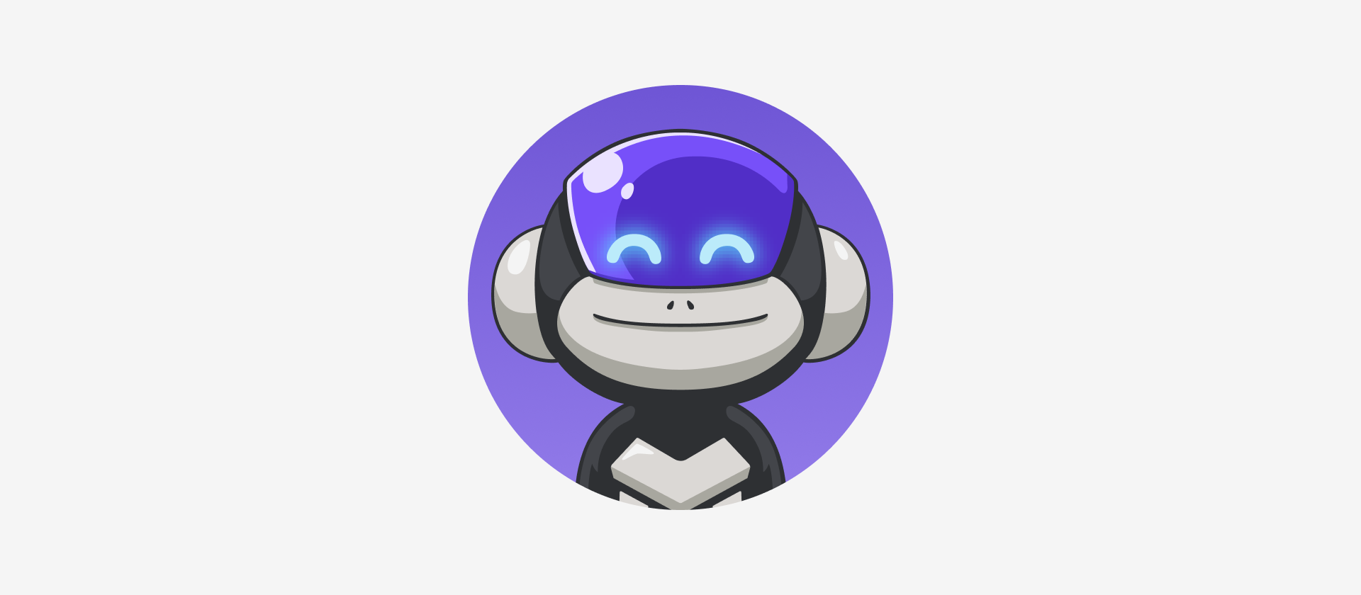 Cartoon monkey robot mascot with a glowing purple visor, ReMark's new avatar