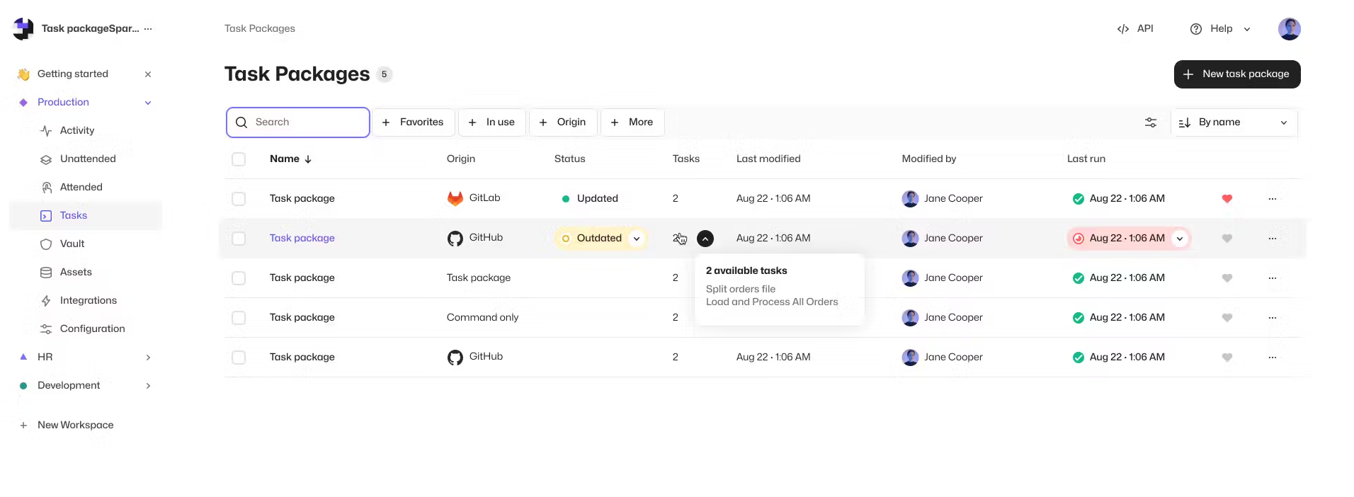 Control Room Task Packages table showing status, origin, and a tooltip listing available tasks
