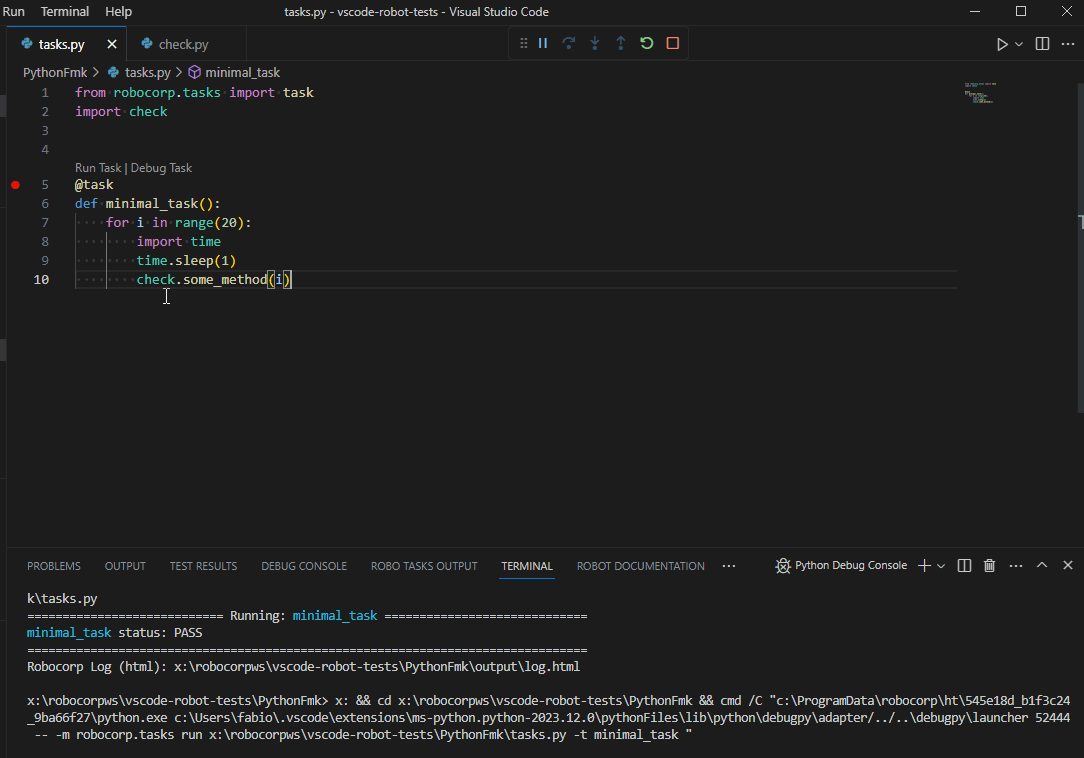 VS Code task-run panel expanding a debug step to reveal logged 'Received' debug messages