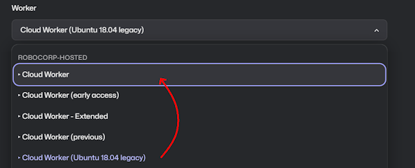 Control Room worker dropdown with an arrow pointing from the legacy Cloud Worker to the current one
