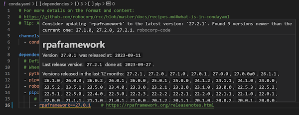 VS Code tooltip on a conda.yaml dependency listing newer available rpaframework versions