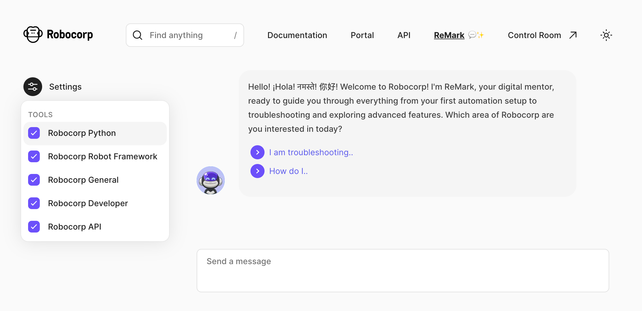 ReMark chat assistant with a Tools settings panel listing checked data source categories