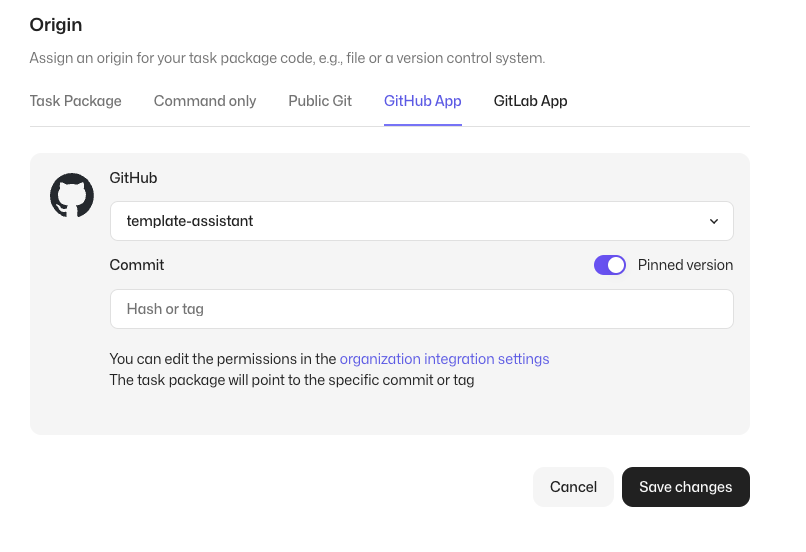 Control Room Origin settings with GitHub App tab and a Pinned version toggle for commit
