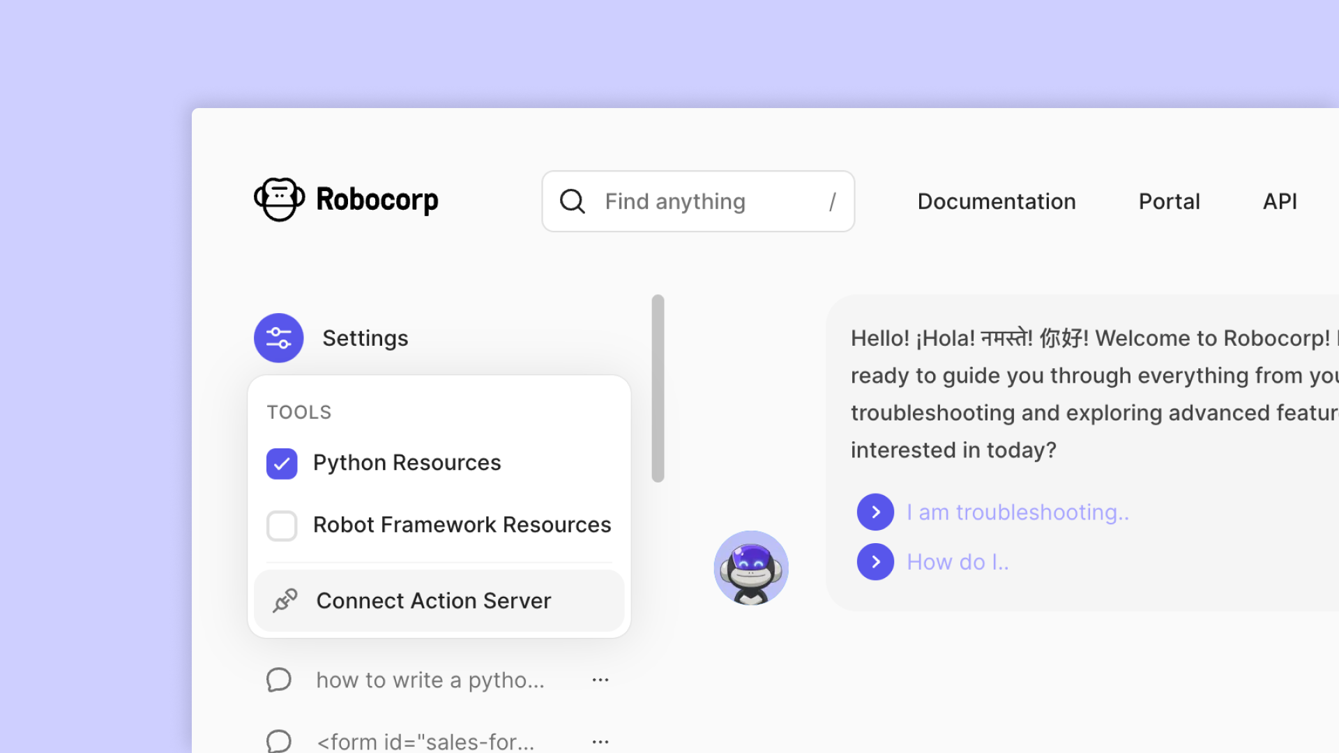 Robocorp portal settings panel showing a Tools list and Connect Action Server option beside the ReMark chat assistant
