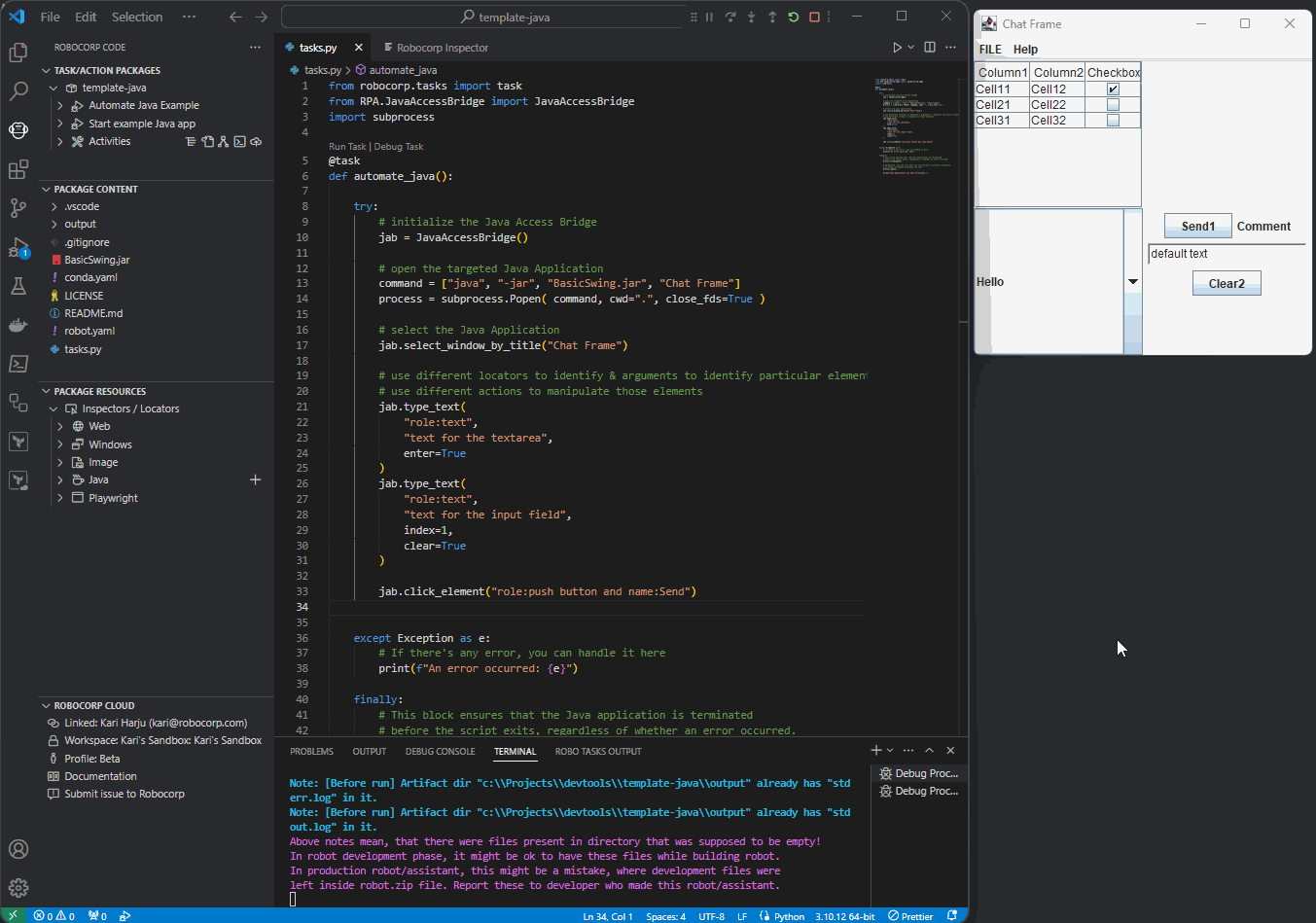 VS Code Java Inspector picking elements in a Java app, building a locator, then inserting it into code and running the robot successfully