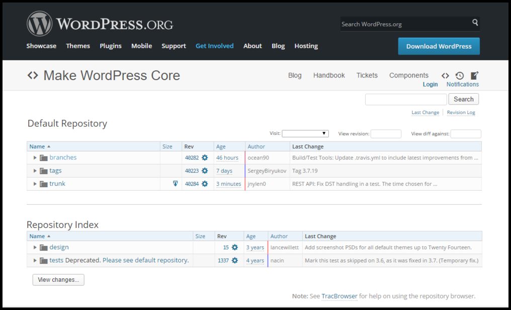 WordPress source code download page screenshot.