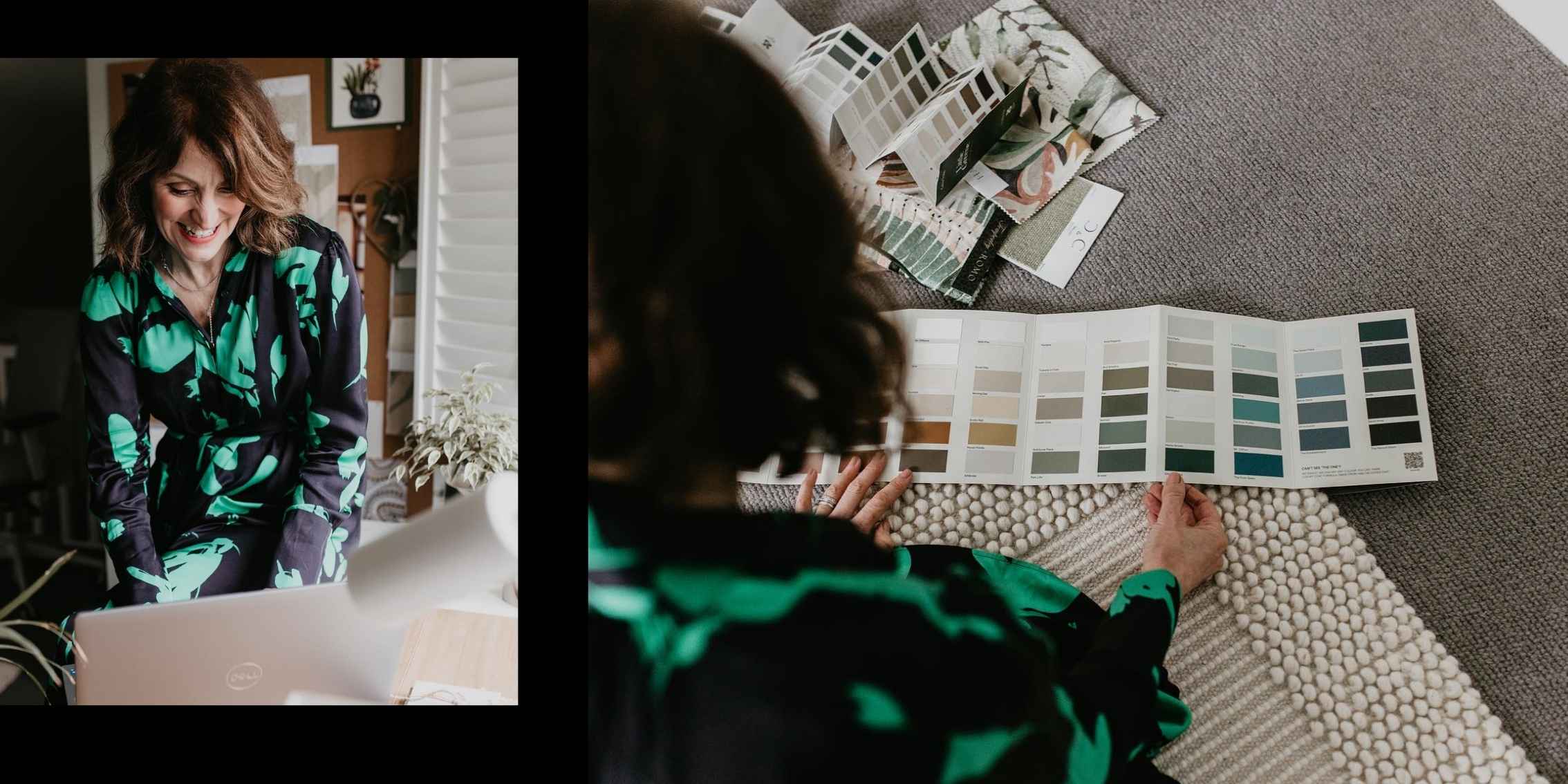Interior design student student Clare Winspear looking at a colour swatch sample Interior design student student Clare Winspear looking at a colour swatch sample