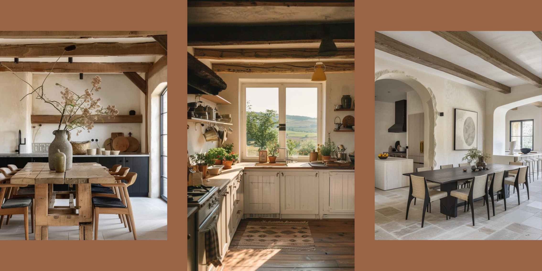 image of modern farmhouse dining room and rustic table