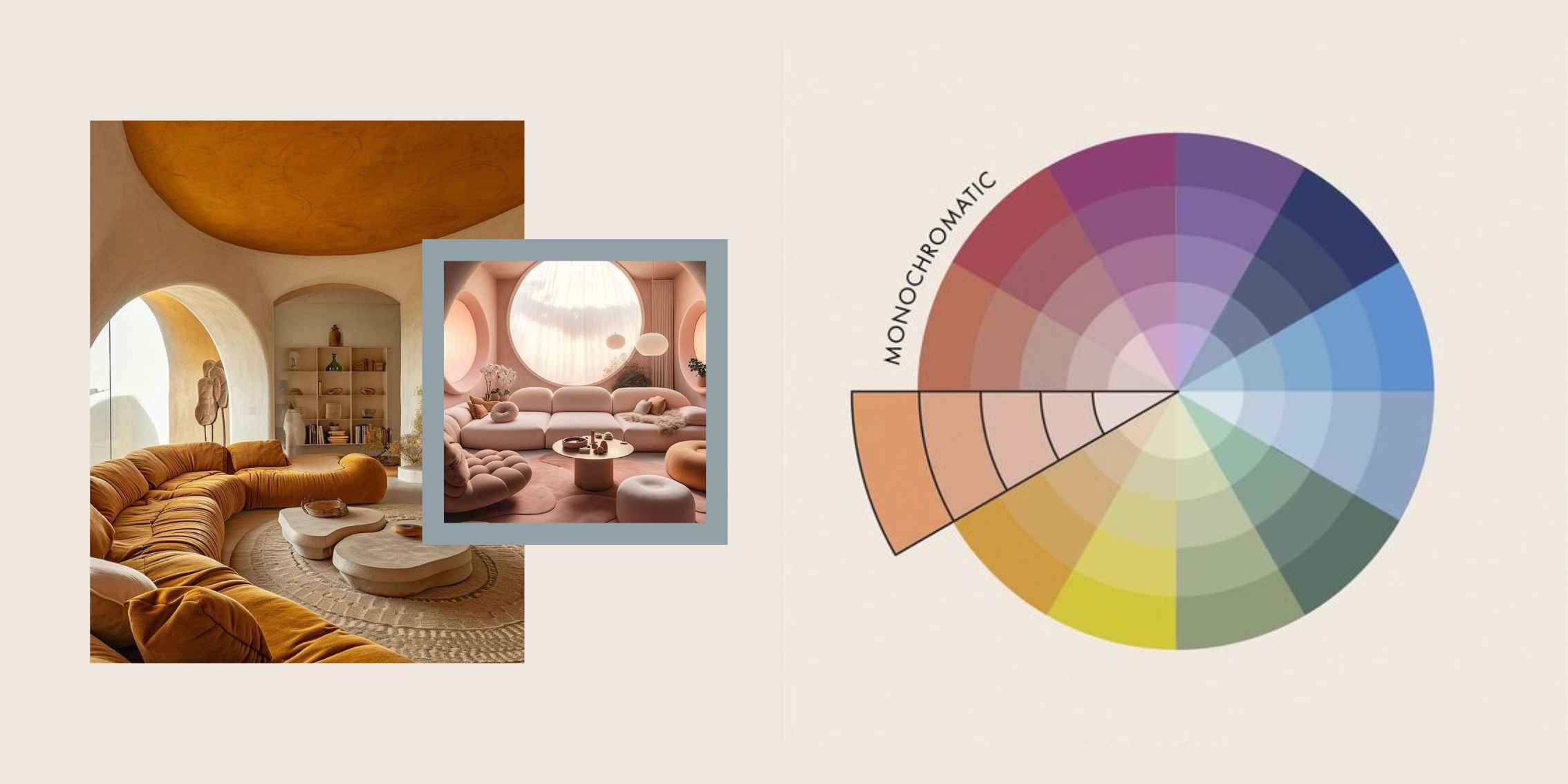 Monochromatic Interior Design Colour Wheel image showing monochromatic colour wheel and interiors.