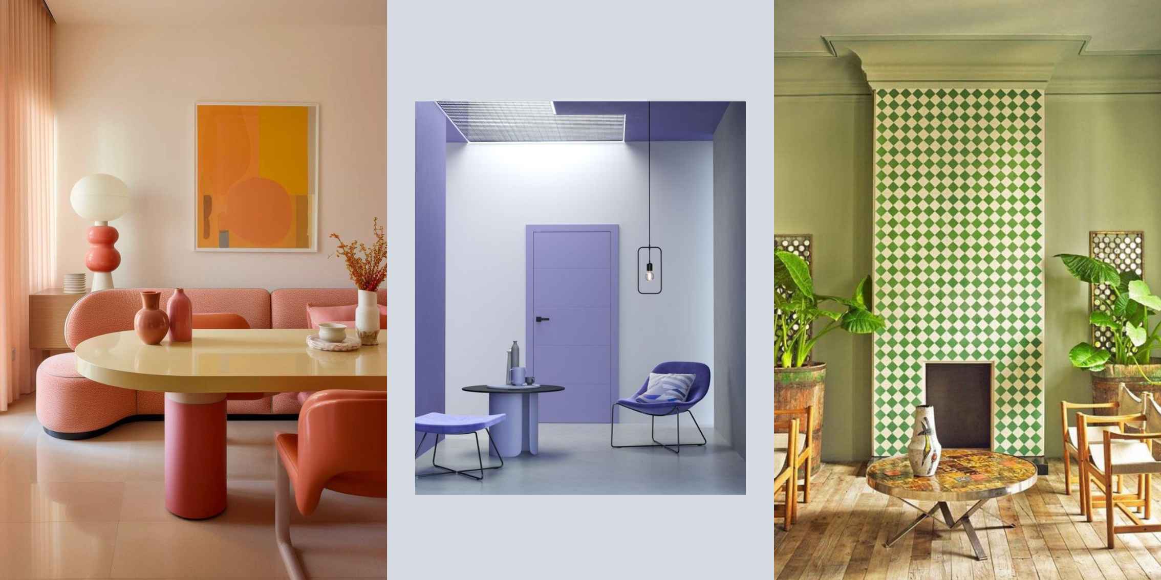 Monochromatic Interior Design image showing red, purple, green interior design projects.
