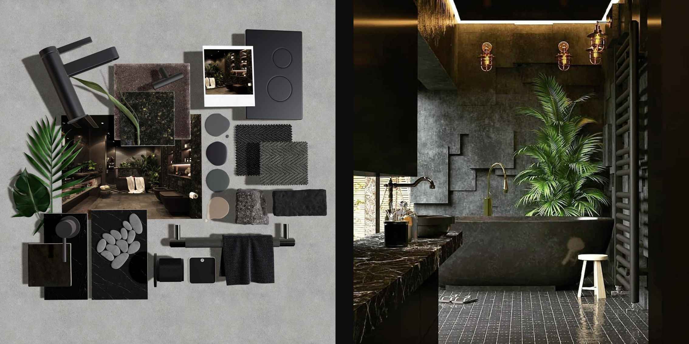 Black Monochromatic Interior Design image showing mattoboard material board and black monochrome interior.