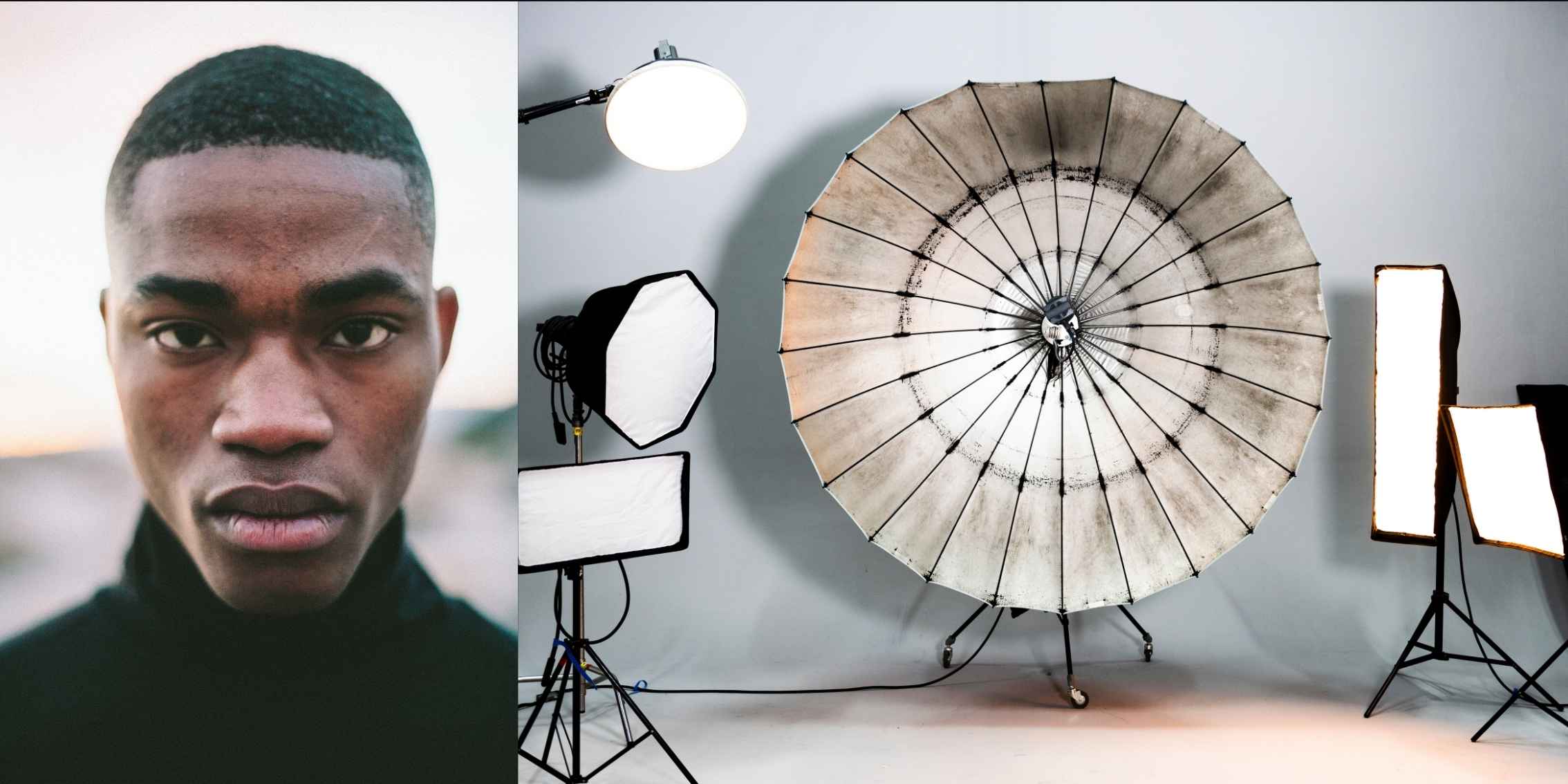 Portrait lighting Man getting a portrait shot composited next to some portati
            lighting equipment